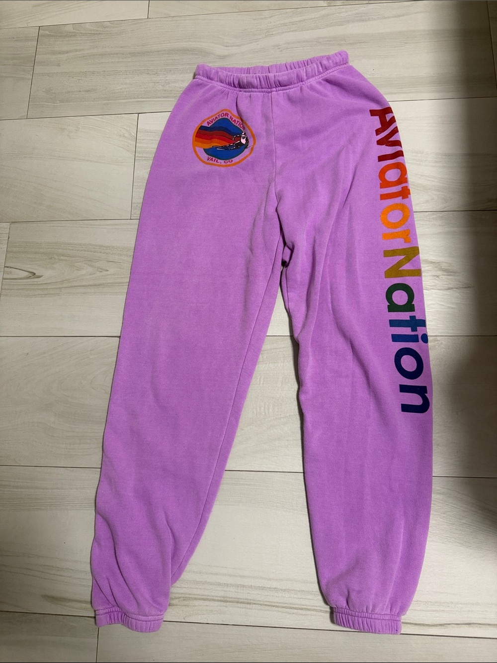 Aviator Nation Neon Purple Track Joggers with Rainbow Logo